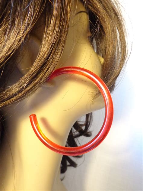 Vintage Lucite Hoop Earrings Red Hoop Color 3 Inch Pierced Haute Juice