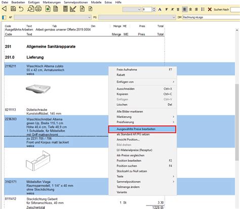 Ausgewählte Preise im Leistungsverzeichnis ändern Kundenportal