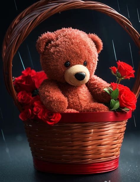 Premium AI Image | There is a teddy bear sitting in a basket with flowers