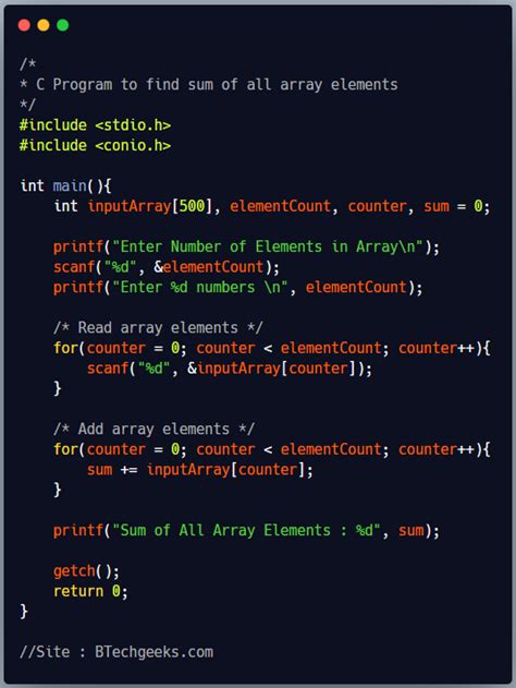 C Program To Find Sum Of All Array Elements Btech Geeks