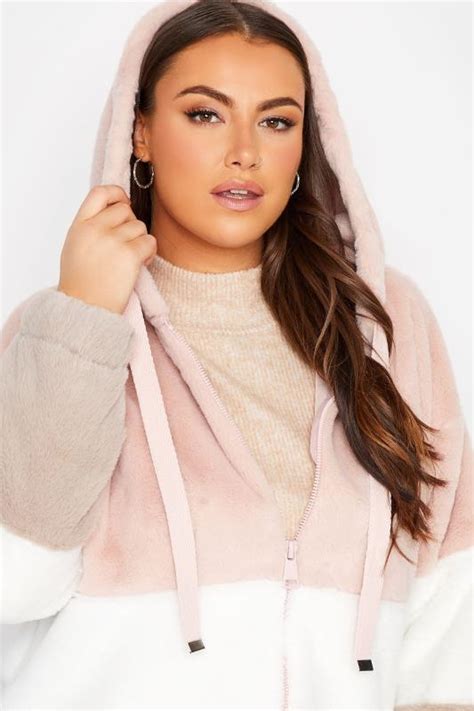 Yours Luxury Plus Size Pink Colour Block Faux Fur Hooded Coat Yours