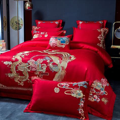 Red Gold Dragon Phoenix Wedding Long Embroidery Duvet Cover Set Egypt