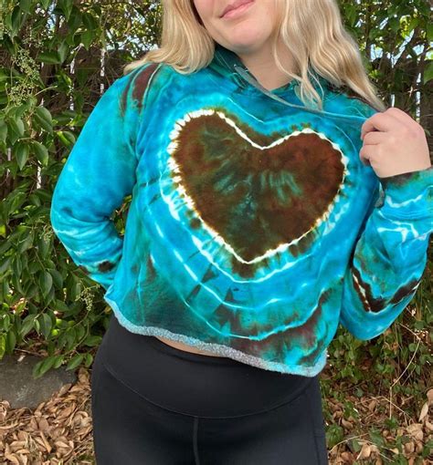 Blue Green Brown Heart Ice Dyed Tie Dye Cropped Hoodie Womens Large Mercari