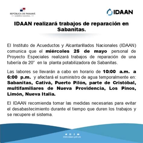 IDAAN on Twitter Colón IDAAN realizará trabajos de reparación en