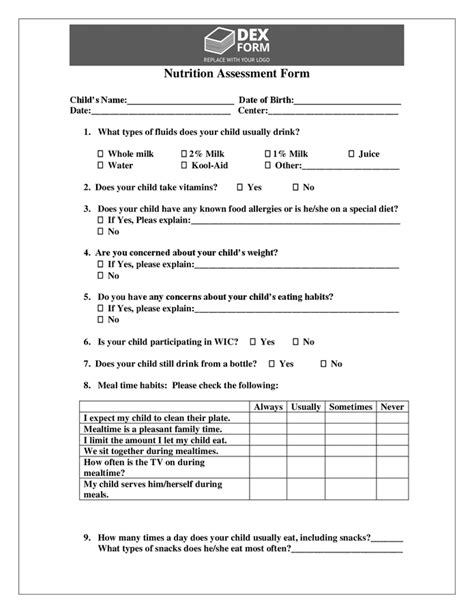 Nutrition Assessment Form In Word And Pdf Formats