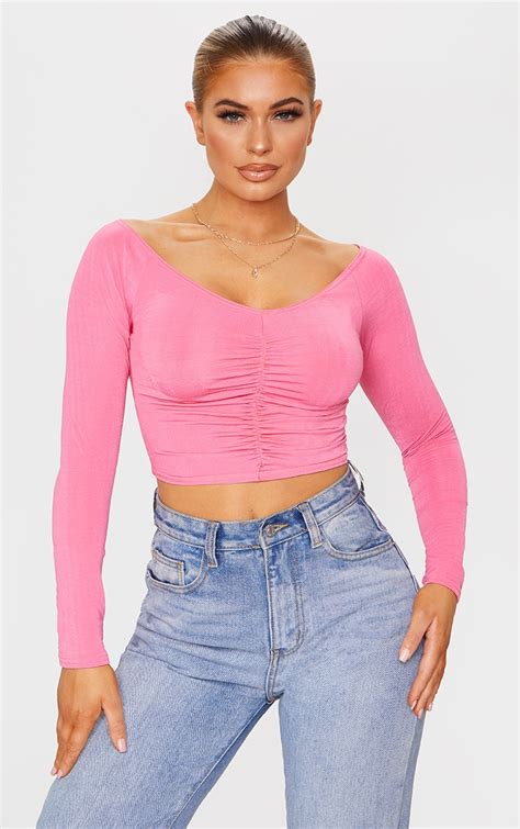 Hot Pink Slinky Ruched Front Long Sleeve Crop Top Prettylittlething