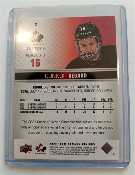 Connor Bedard Upper Deck Team Canada Juniors Ebay