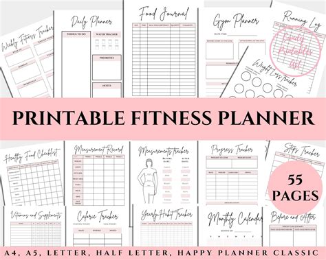 Fitness Journal Printable Fitness Planner Inserts Weight Loss Etsy