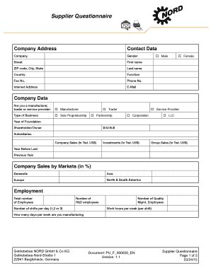 Fillable Online Supplier Questionnaire Nord Fax Email Print Pdffiller