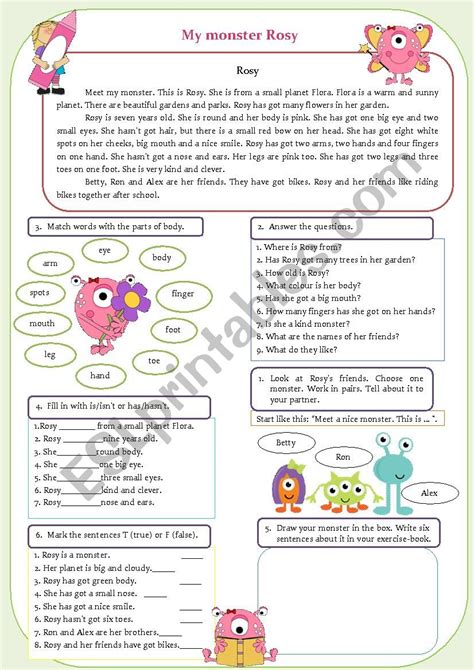 Meet My Monster Rosy Have Has Got Body Parts Esl Worksheet By