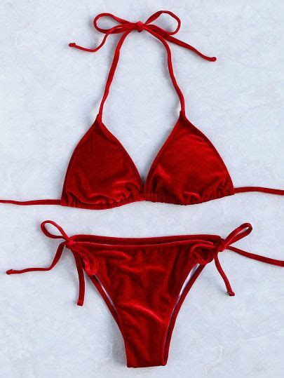 Side Tie Velvet Triangle Bikini Set SheIn Sheinside Beachwear For