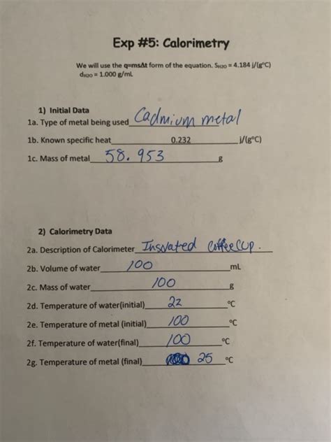 Solved Exp Calorimetry We Will Use The Qumsat Form Of Chegg