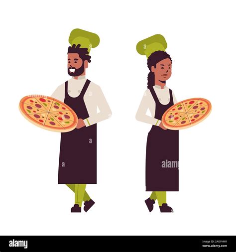 Cooks Couple Professional Chefs Holding Trays With Fresh Pizza African