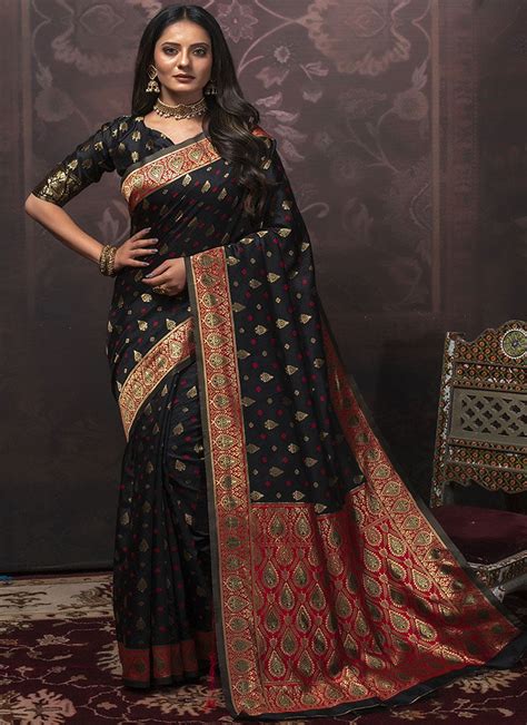 Buy Black Banarasi Silk Jacquard Woven Traditional Saree Festive Wear