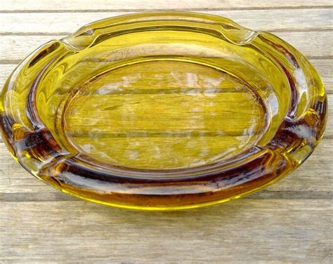 Vintage Large Glass Ashtray Mid Century Cigar Ashtray App 8 In Thick Cut Glass Light Amber