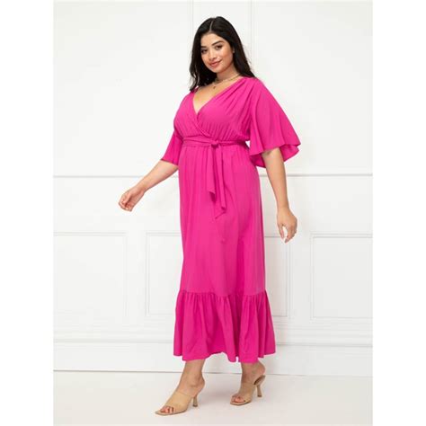 Eloquii Elements Womens Plus Size Maxi Dress With Flutter Sleeves And Tie Neck