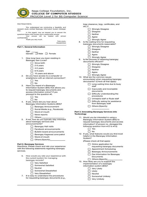 Survey Questionnaire For Barangay Residents Pdf