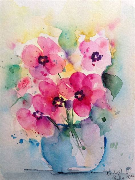 Aquarell Blumenstrauss Blumen Natur Kunst Bild 17 X 24 Cm