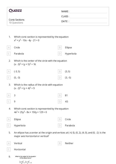 50 Conic Sections Worksheets For 11th Grade On Quizizz Free And Printable