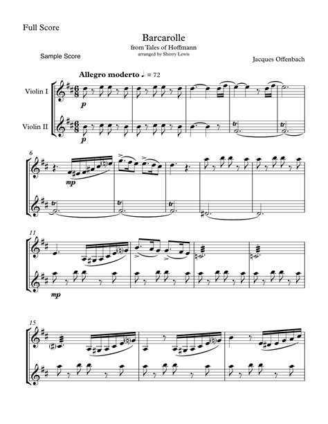 Barcarolle Tales Of Hoffmann Two Violin Duet Intermediate Level Arr