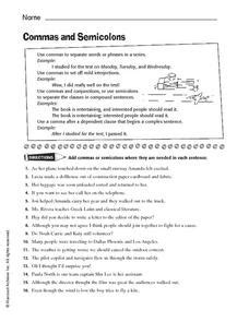 Commas and Semicolons 6th - 7th Grade Worksheet | Lesson Planet