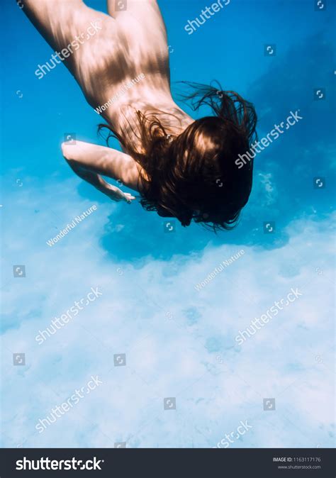 Naked Woman Dive Ocean Underwater Tropical Stock Photo 1163117176