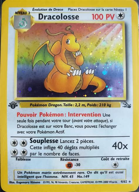 Dracolosse édition 1 Holographique carte Pokémon 4 62 Fossile