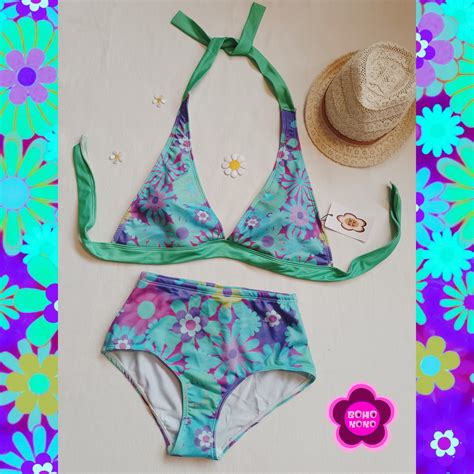 Blue Flower Power Bikini With High Waisted Bottoms 60 S 70 S Vintage Inspired Mod Hippy
