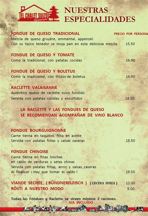 Carta De Restaurante El Chalet Suizo Alcobendas