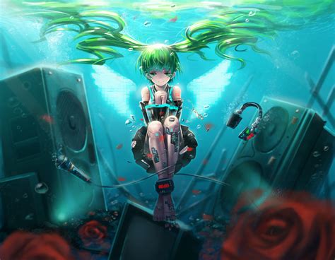 Blue Eyes Flowers Green Hair Hatsune Miku Headphones Microphone Rose