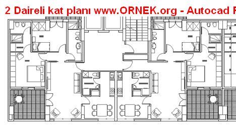 2 Daireli kat planı dwg projesi Autocad Projeler