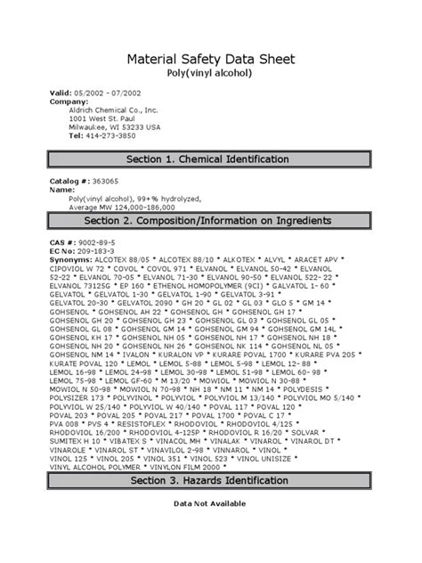 Material Safety Data Sheet Pva Firefighting Toxicity