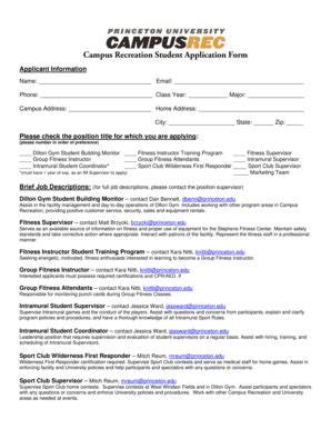 Fillable Online Princeton Campus Recreation Student Application Form