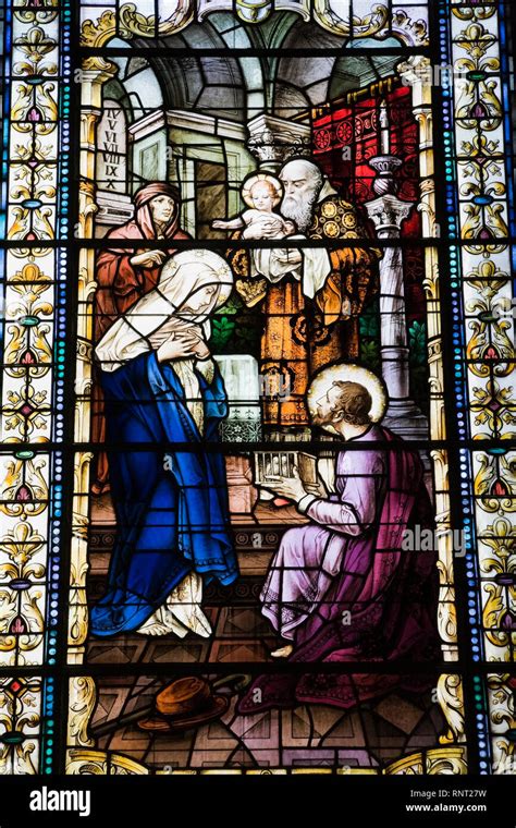 Stained Glass Window Depicting A Religious Scene Notre Dame De Quebec Basilica Cathedral