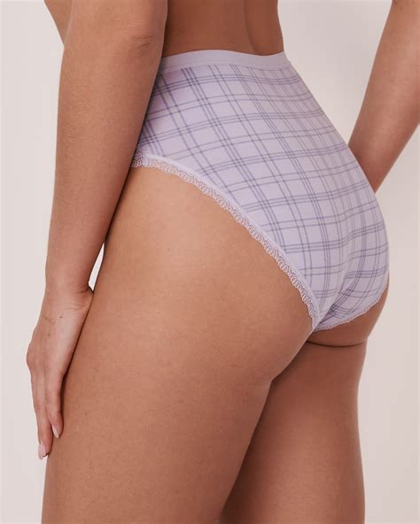 Cotton And Scalloped Trim High Waist Bikini Panty Blue Plaid La Vie