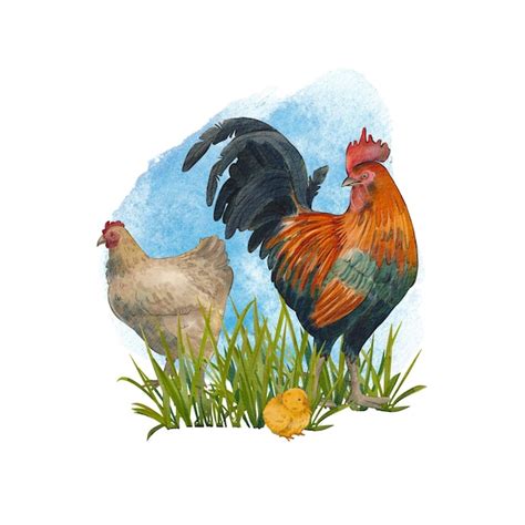 Pollo Y Gallo Con Pollos Aislado Un Fondo Blanco Ilustraci N Acuarela