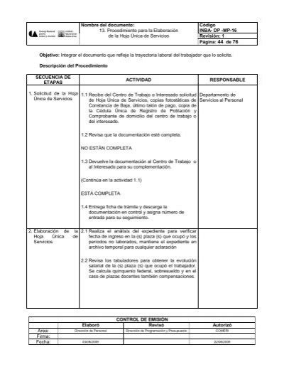 Procedimiento para la hoja Ãºnica de servicios Instituto Nacional de