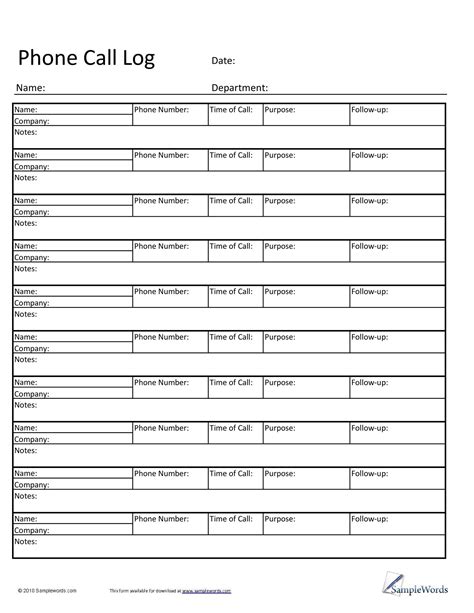 40 Printable Call Log Templates Wordexcelpdf Templatelab