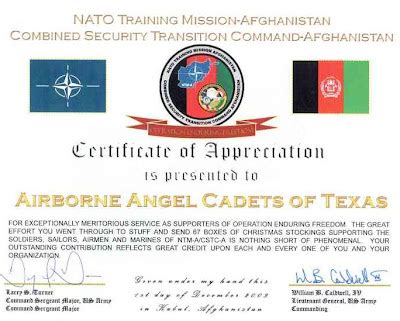 Care Packages for Soldiers: Certificate from NATO Training Mission ...