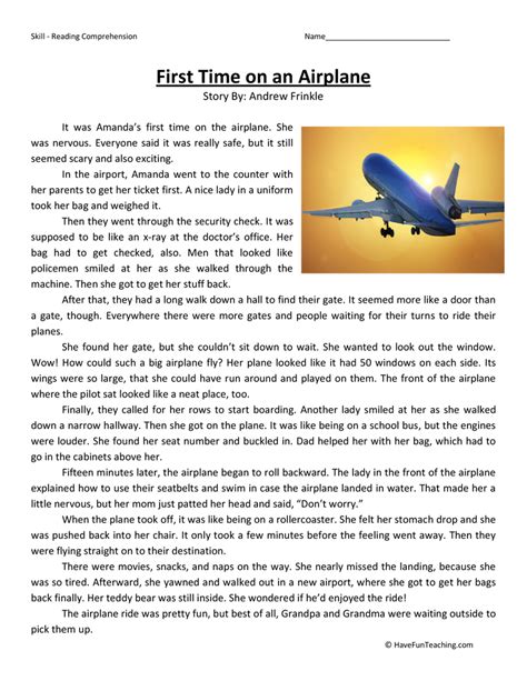 First Time on a Plane - Reading Comprehension Worksheet - Have Fun Teaching