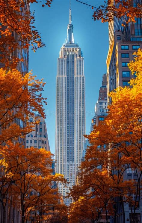 Empire State Building And Autumn Trees In The Background Nyc Usa Stock