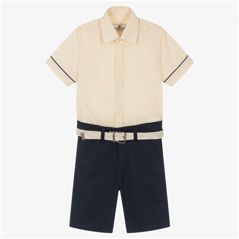 Beau Kid Boys Yellow Striped Shirt And Navy Blue Shorts Set Childrensalon