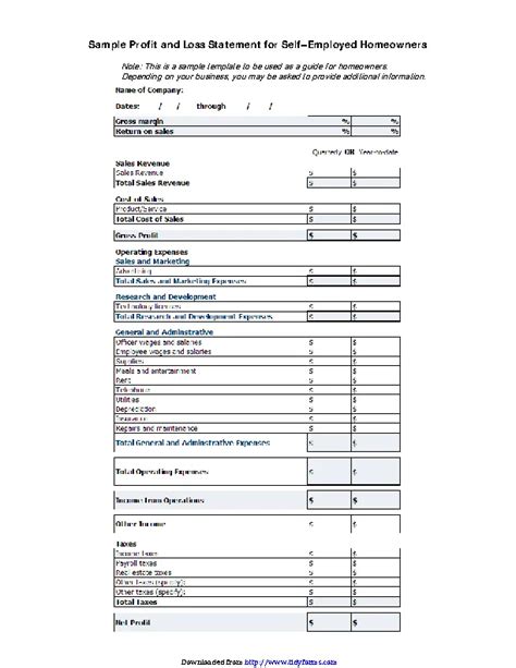 Profit And Loss Statement For Self Employed Template Free Pdfsimpli