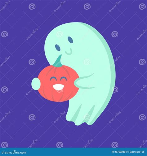 Cartoon Color Character Funny Happy Ghost With Pumpkin Halloween