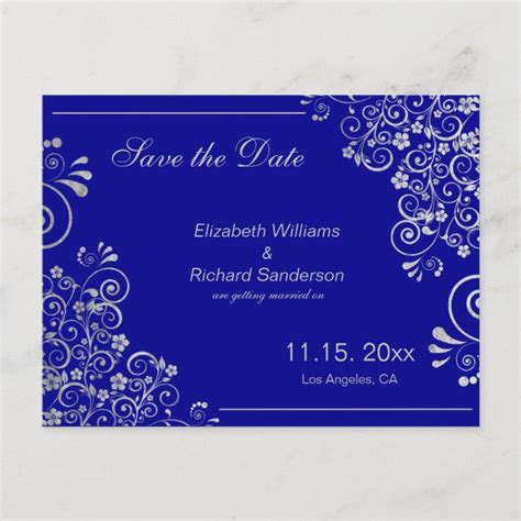 Elegant Navy Blue Silver Save The Date Wedding Announcement Postcard