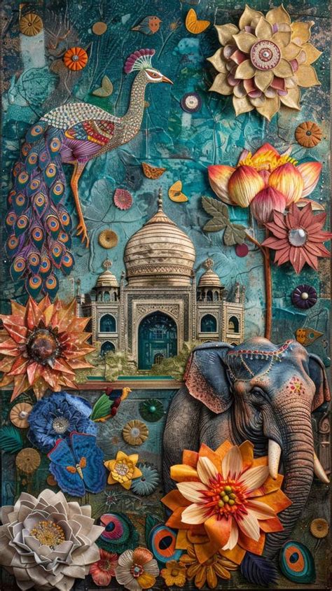 Collage With Indian National Symbols Lotus Flowers Elephants