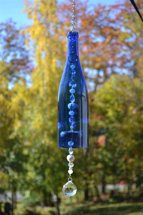 Wine Bottle Wind Chime Blue Wine Bottle By Whiteroostershoppe