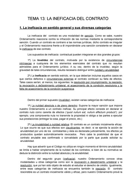 Tema 13 Apuntes 13 TEMA 13 LA INEFICACIA DEL CONTRATO 1 La