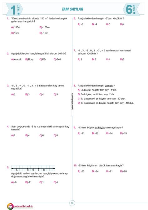 6 Sınıf Tam Sayı Kavramı Testi İndir ortaokulmatematik gen tr