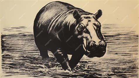 Premium Photo Black And White Hippo Drawing Lithograph Style Print